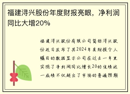 福建浔兴股份年度财报亮眼，净利润同比大增20%