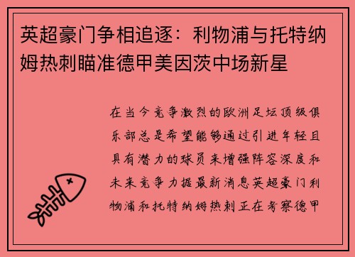 英超豪门争相追逐：利物浦与托特纳姆热刺瞄准德甲美因茨中场新星