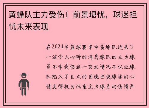 黄蜂队主力受伤！前景堪忧，球迷担忧未来表现